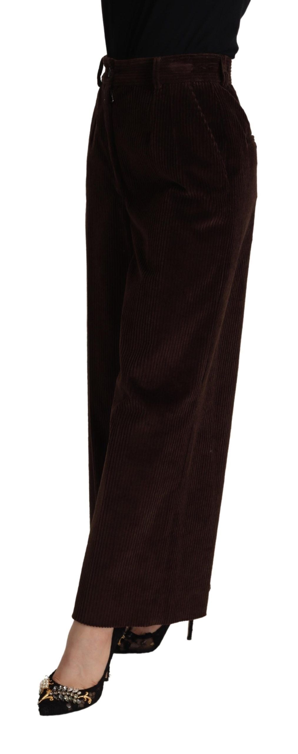 Pantalon large en coton marron à taille haute de Dolce & Gabbana, pantalon à jambes amples, style élégant et confortable.