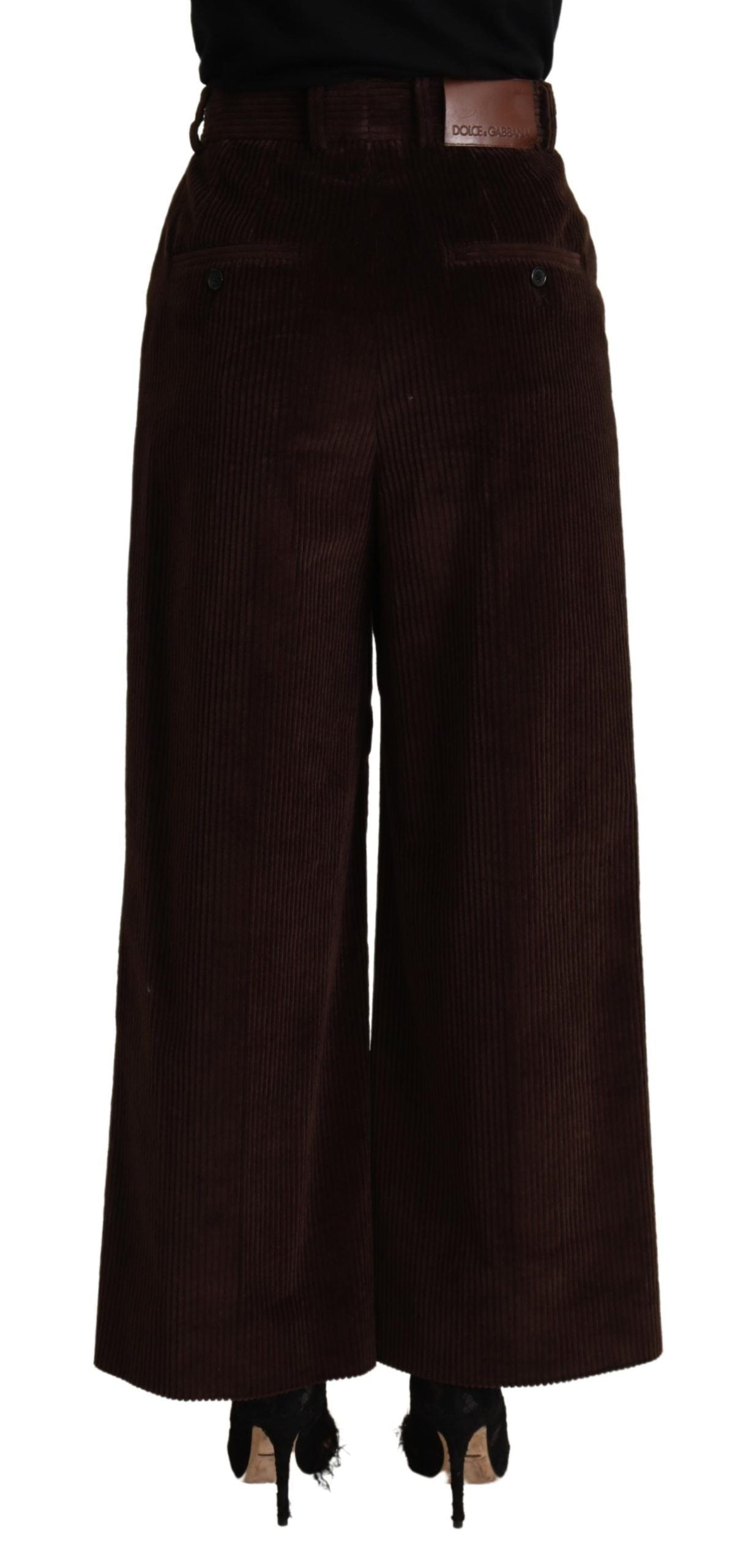 Pantalon large en coton marron à taille haute de Dolce & Gabbana, style pantalon large pour femme.