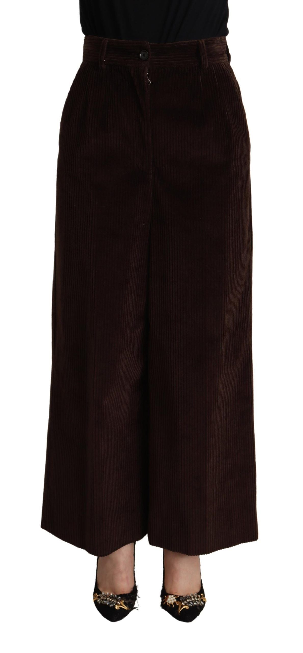 Pantalons larges en coton marron taille haute de Dolce & Gabbana, style élégant et confortable, vue de face.
