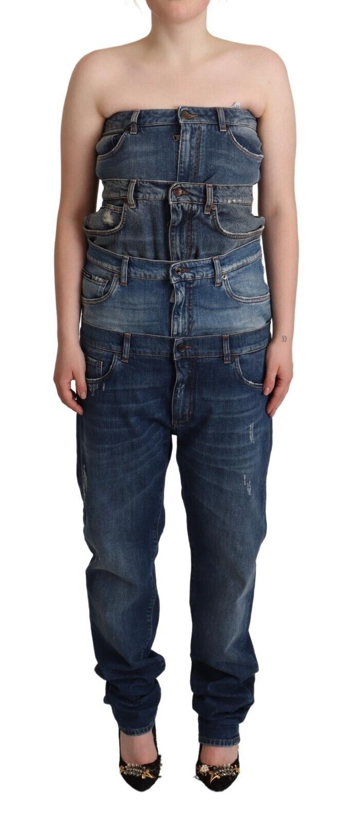 Jumpsuit en denim bleu foncé sans bretelles de Dolce & Gabbana, vêtement en coton avec coupe élégante et tendance.