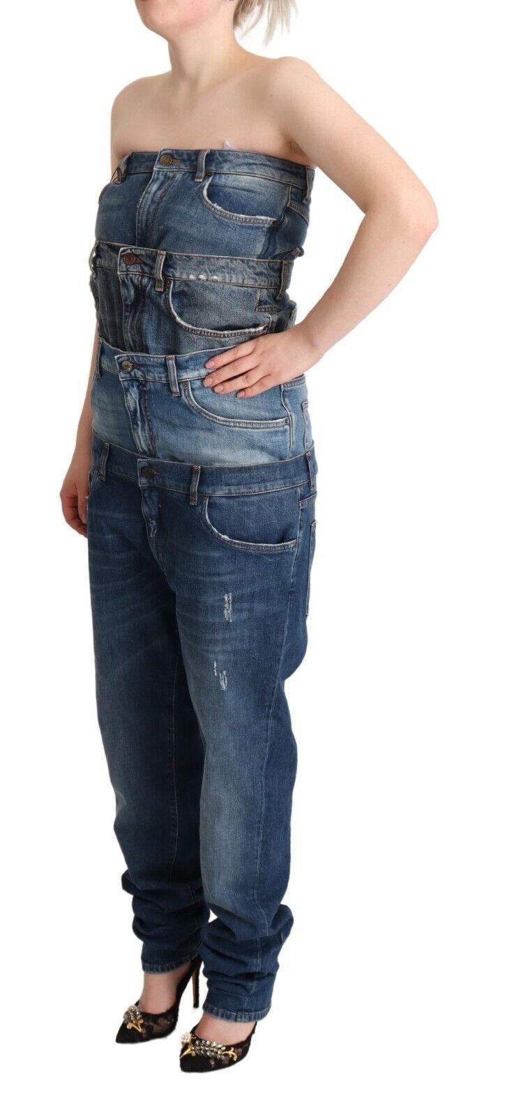 Combinaison en jean bleu foncé sans bretelles de Dolce & Gabbana, en coton, ajustée et élégante.