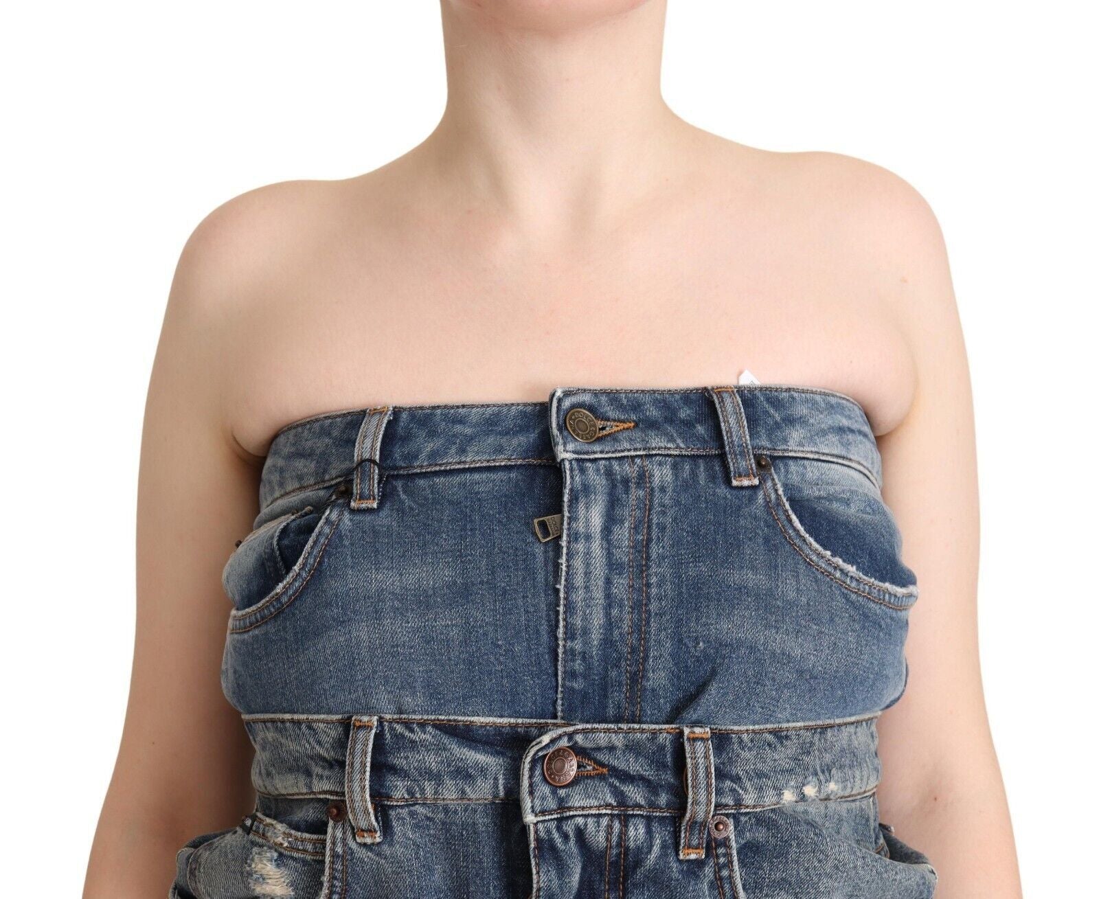 Jumpsuit en jean délavé bleu foncé sans bretelles de Dolce & Gabbana, en coton, ajusté à la taille, pour un style élégant et décontracté.