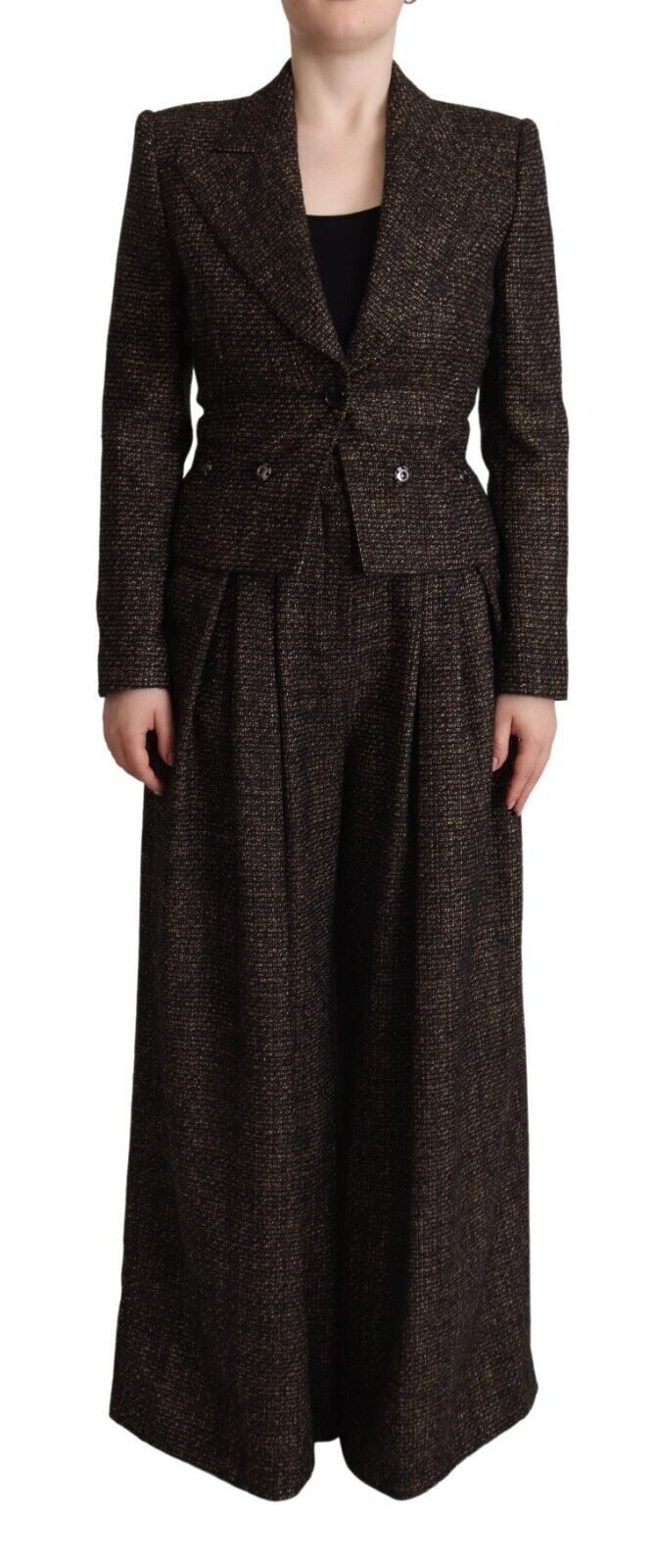 Veste en laine marron foncé Dolce & Gabbana à un bouton, avec pantalon assorti, style chic et élégant.