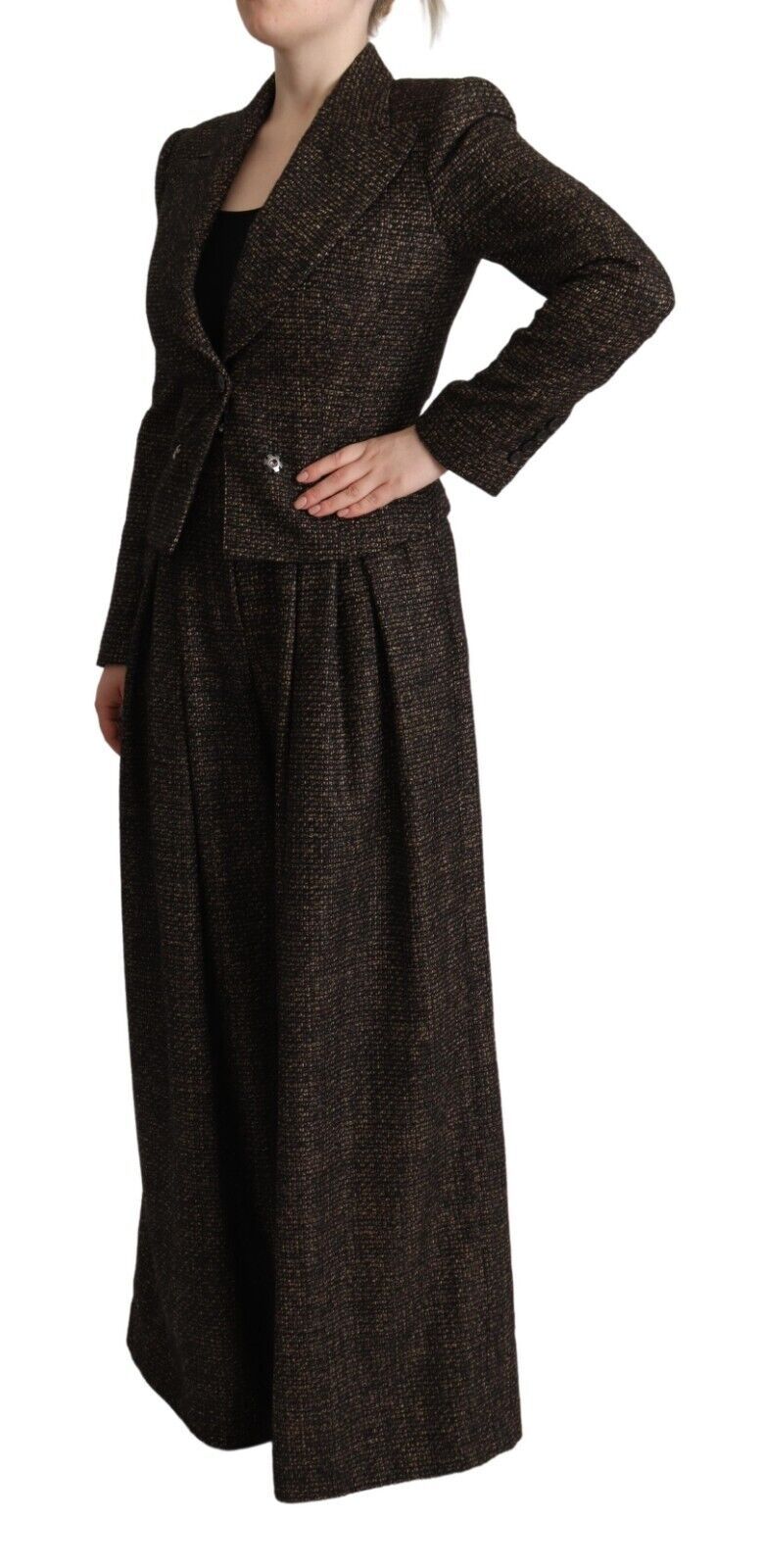 Costume homme Dolce & Gabbana en laine marron foncé, veste croisée simple boutonnage et pantalon assorti.