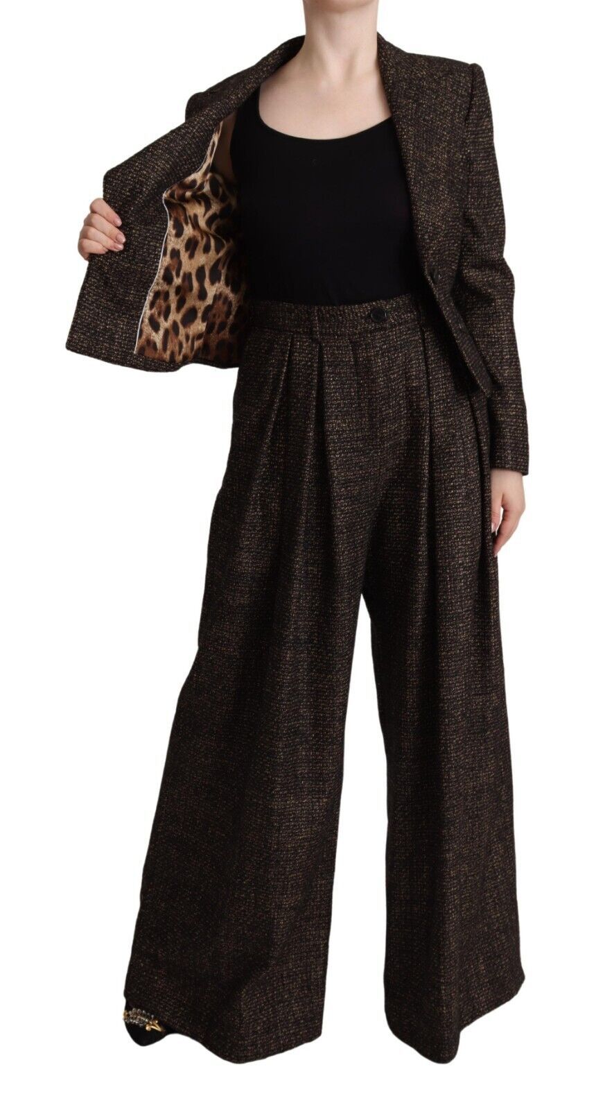 Costume en laine marron foncé Dolce & Gabbana, veste à deux boutons et pantalon assorti, style élégant et classique.
