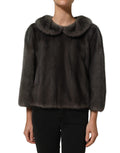Blouse Dolce & Gabbana en viscose gris foncé avec col rond en fourrure de mink, vue de face.