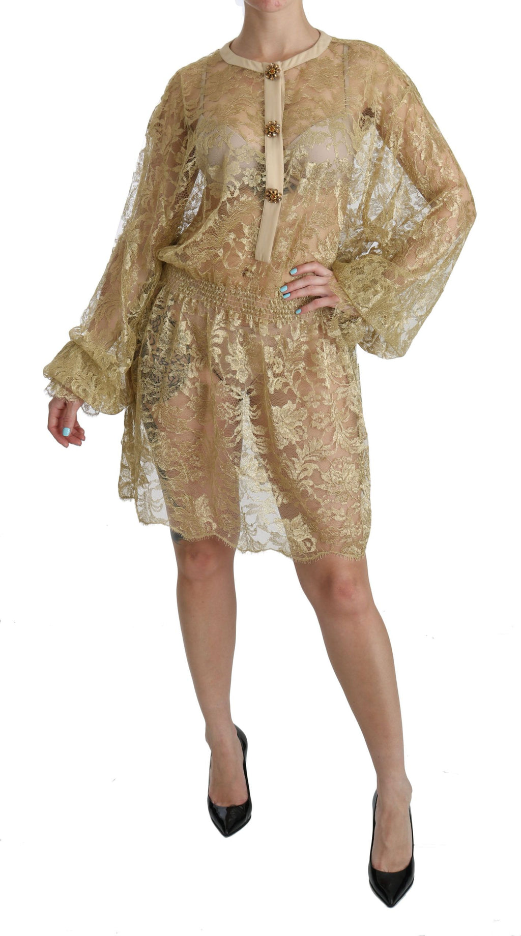 Robe en dentelle dorée Dolce & Gabbana, coupe évasée, transparente, longueur genou, élégante robe de soirée.