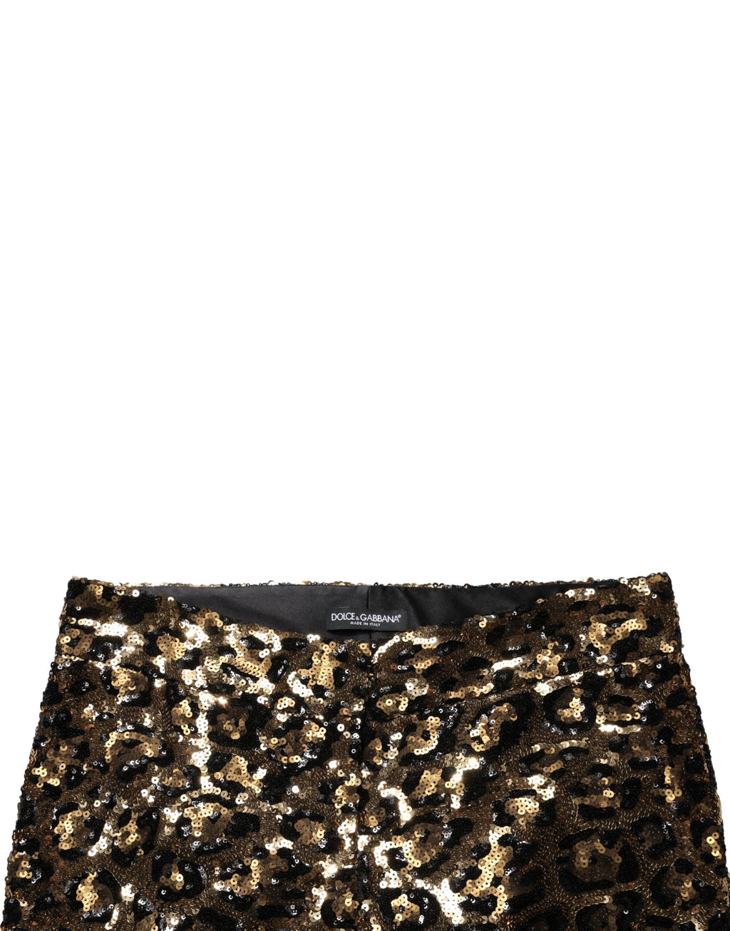 Pantalon droit en sequins dorés à motif léopard de Dolce & Gabbana, style élégant et tendance, vue de face.