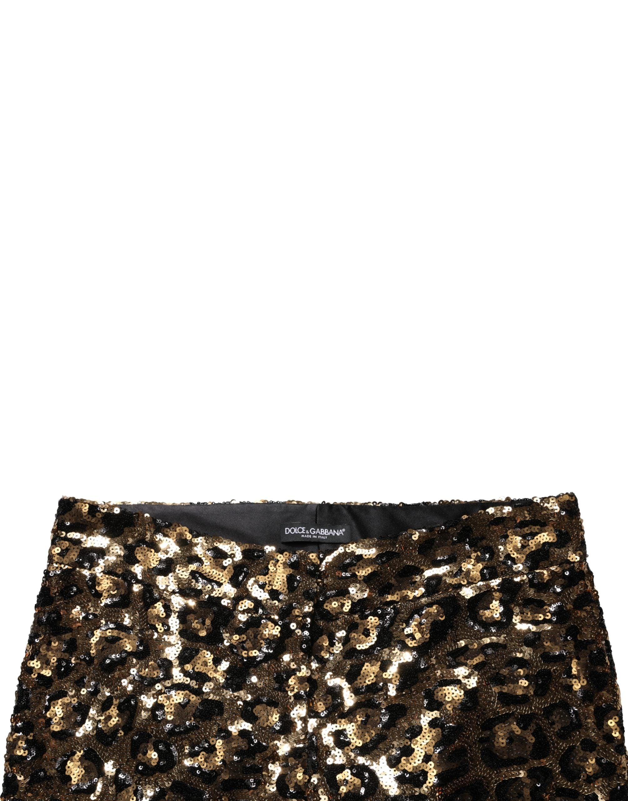 Pantalon droit en sequins dorés à motif léopard de Dolce & Gabbana, style élégant et tendance, vue de face.