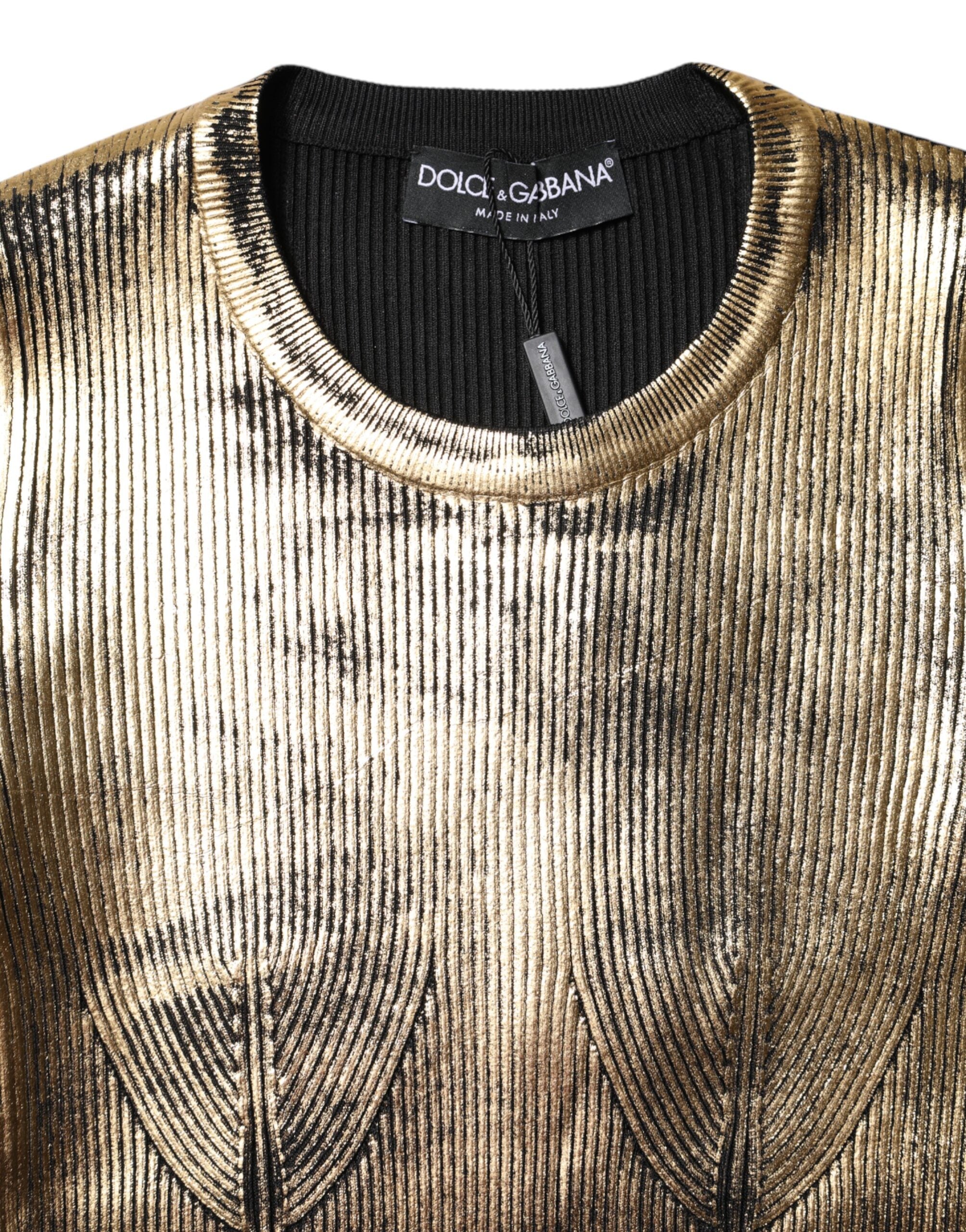 Pull à manches longues doré Dolce & Gabbana avec col rond, style élégant et finition brillante visible sur l'image.