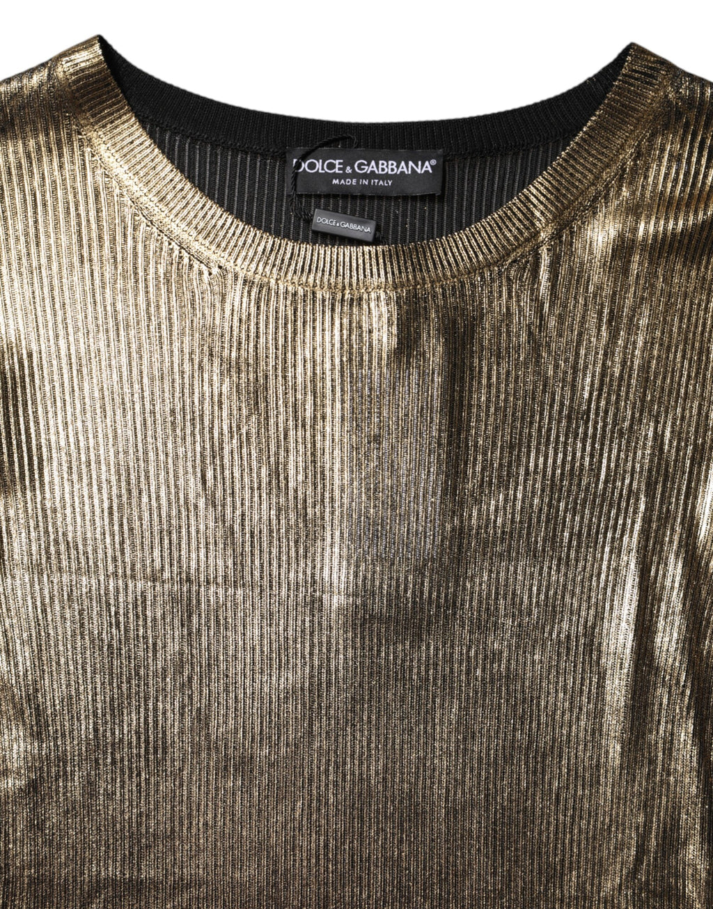 Pull en cachemire doré à col rond et manches longues de Dolce & Gabbana, vue de face.