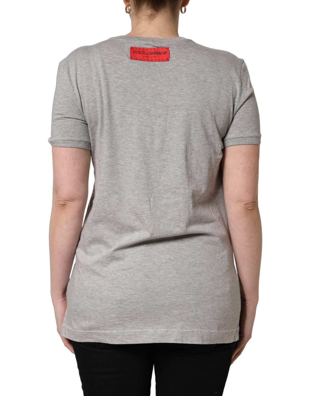 T-shirt Dolce & Gabbana en coton gris à logo imprimé, col ras du cou, vue de face.
