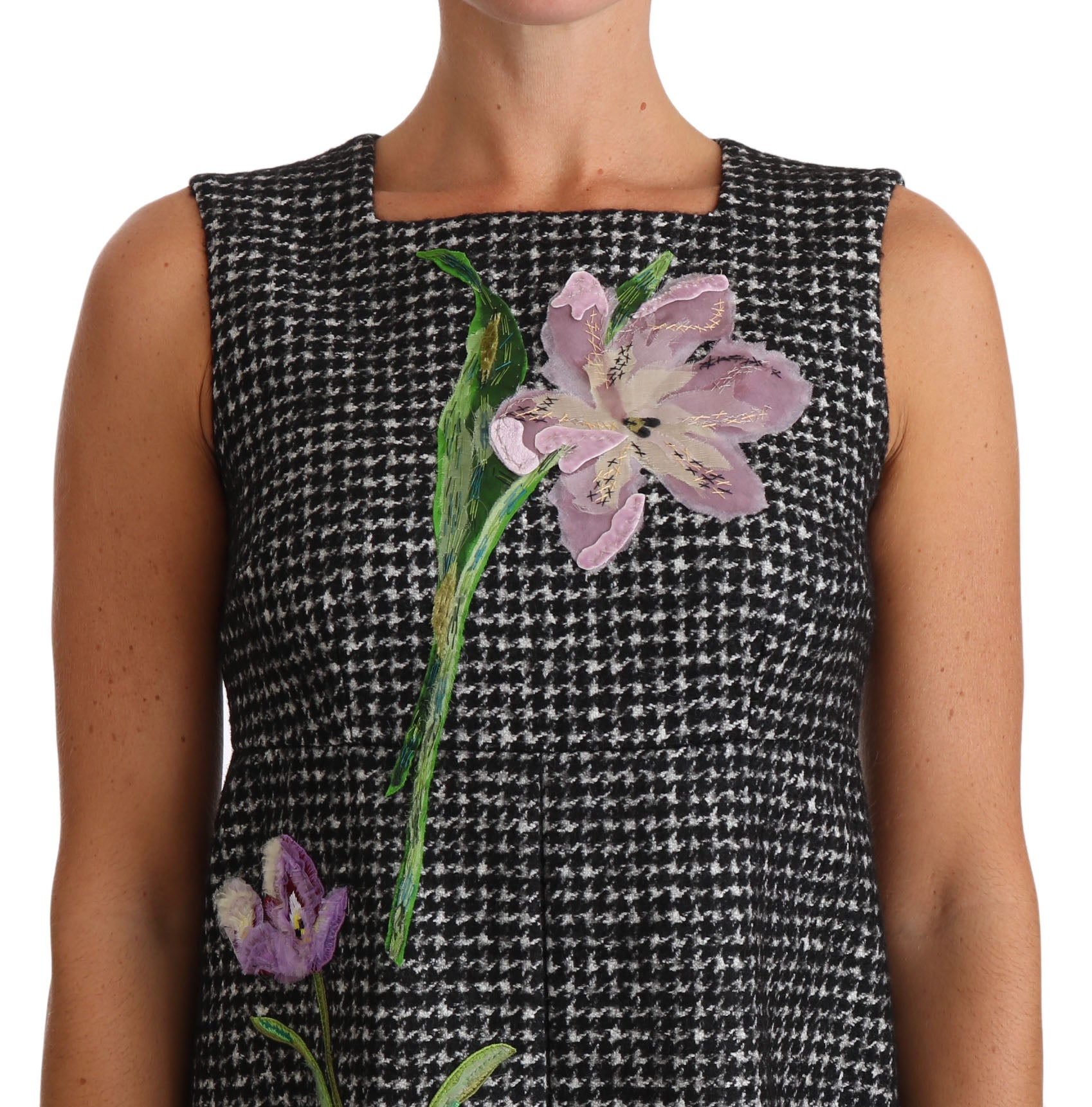 Robe courte Dolce & Gabbana à motif pied-de-poule gris avec appliqué floral, style shift mini.