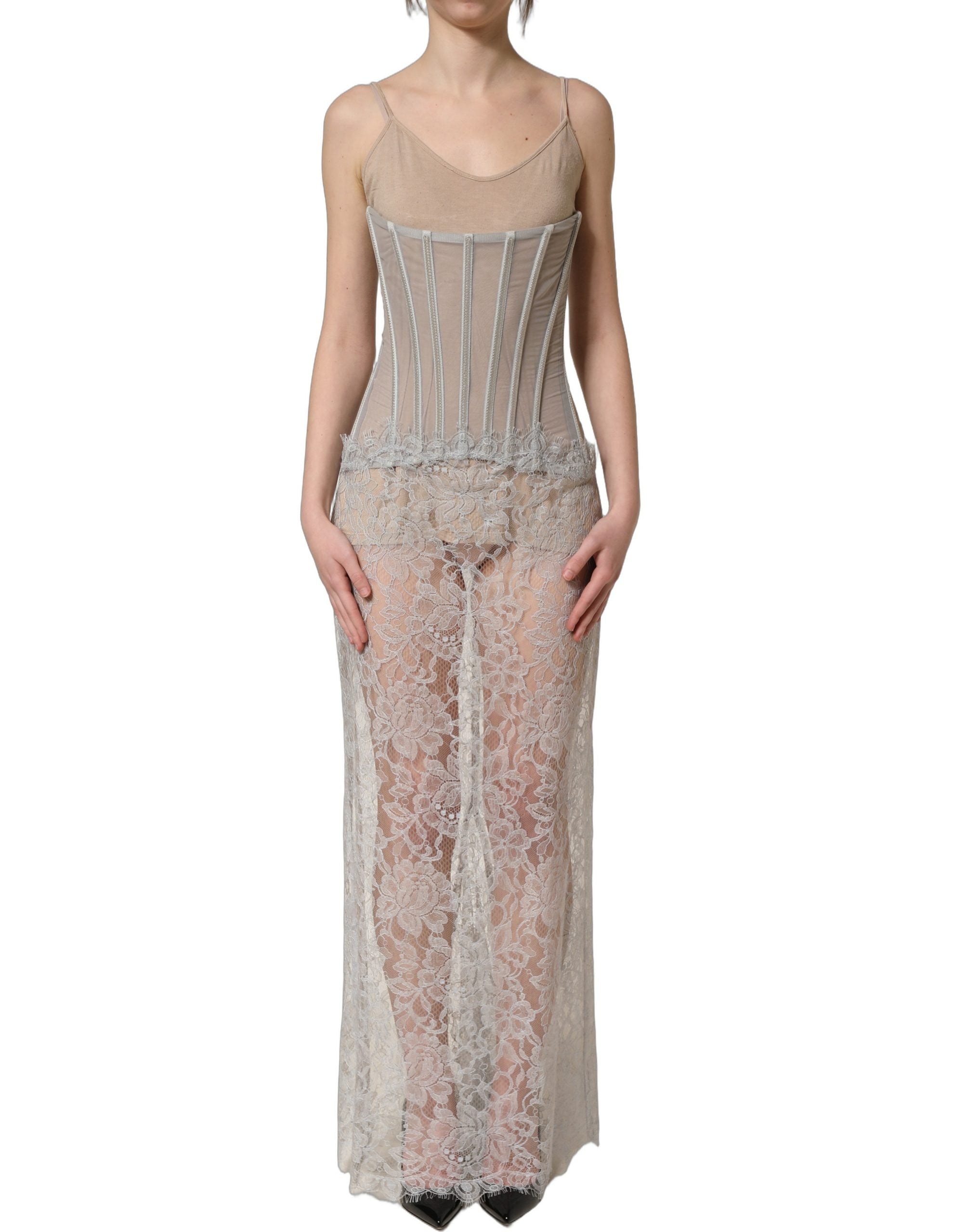 Robe longue Dolce & Gabbana en dentelle grise, style corset, avec corsage maxi et détails élégants visible sur l'image.