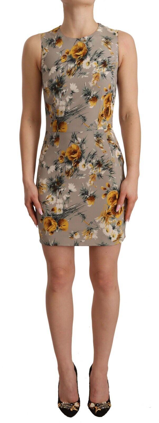 Robe courte en soie gris à fleurs, style chemise ajustée, de la marque Dolce & Gabbana, visible avec détails de couture élégants.