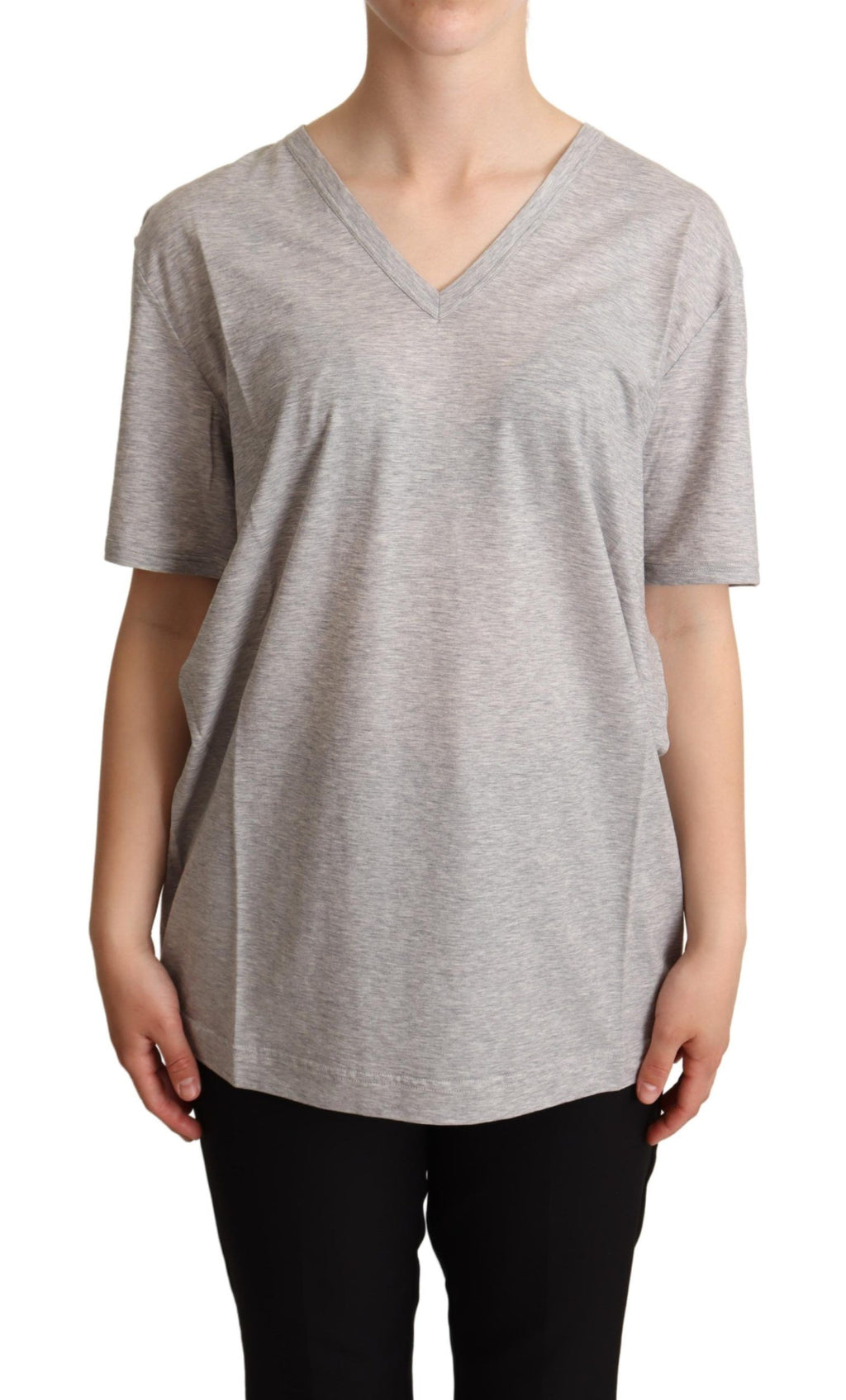 T-shirt gris Dolce & Gabbana en coton 100 % avec col en V, style décontracté et confortable.