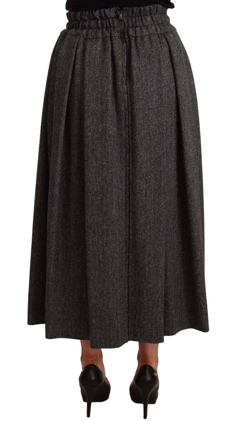 Jupe en laine grise à taille haute de style évasé de Dolce & Gabbana, vue de face.