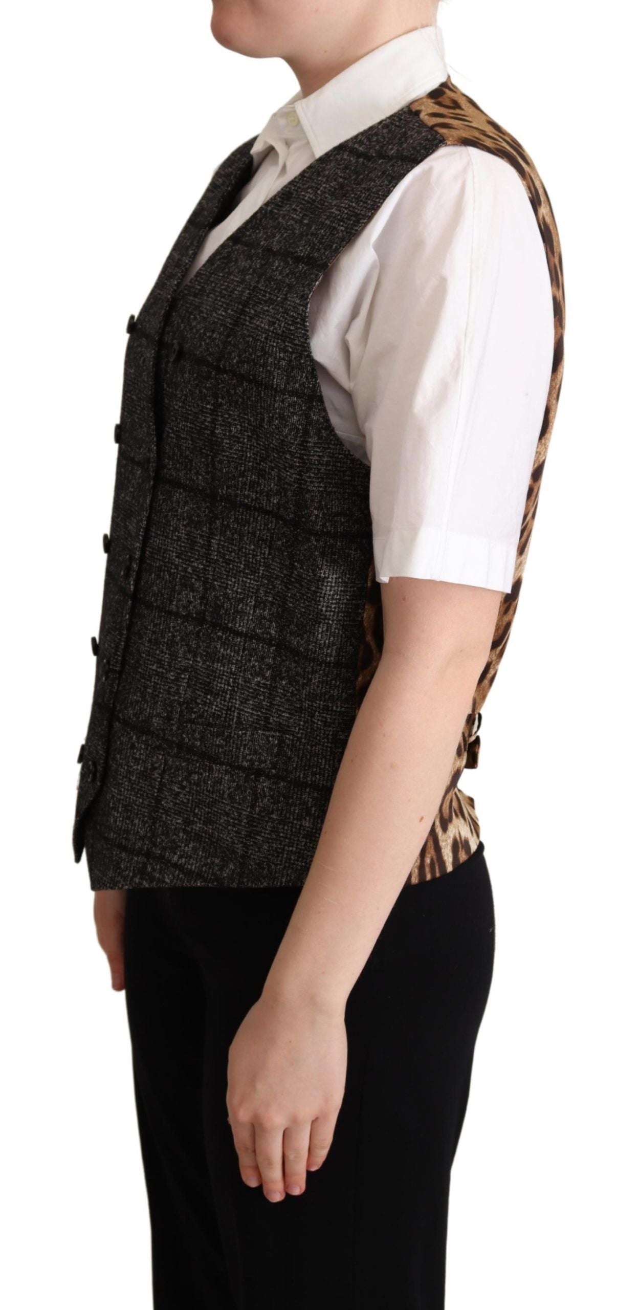 Gilet en laine gris à imprimé léopard de Dolce & Gabbana, veste sans manches élégante pour homme ou femme.