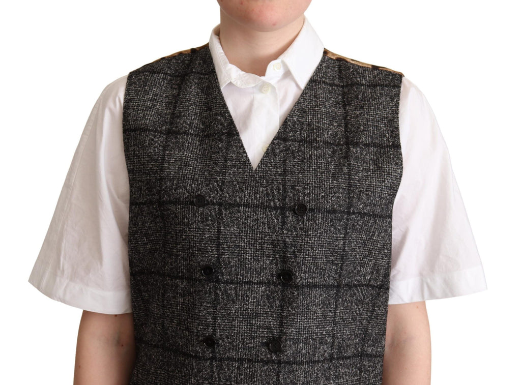 Gilet en laine gris avec imprimé léopard Dolce & Gabbana, veste sans manches élégante pour homme ou femme.