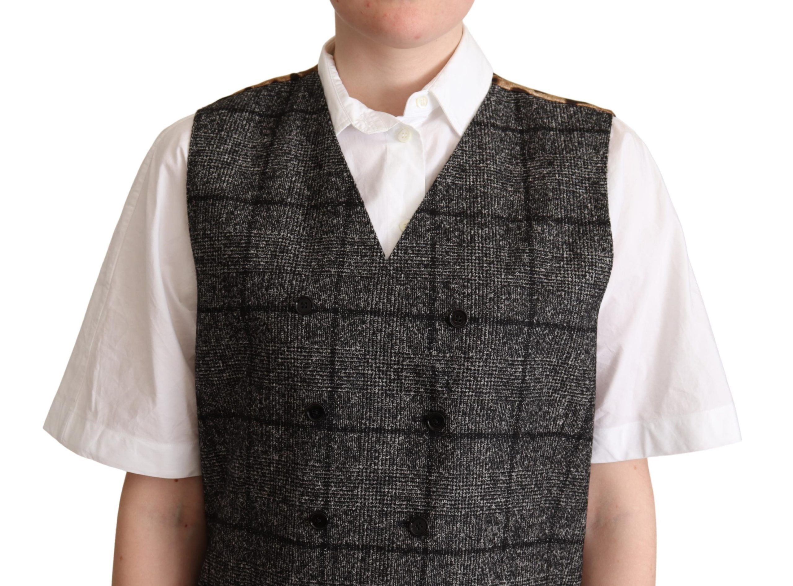 Gilet en laine gris avec imprimé léopard Dolce & Gabbana, veste sans manches élégante pour homme ou femme.