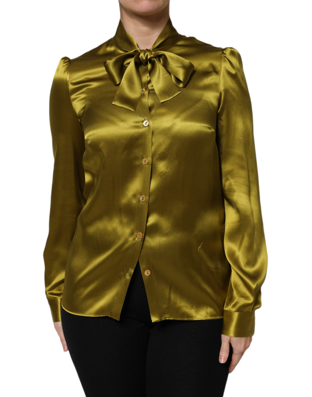 Chemisier Dolce & Gabbana vert à col ascot, manches longues, style élégant et sophistiqué.