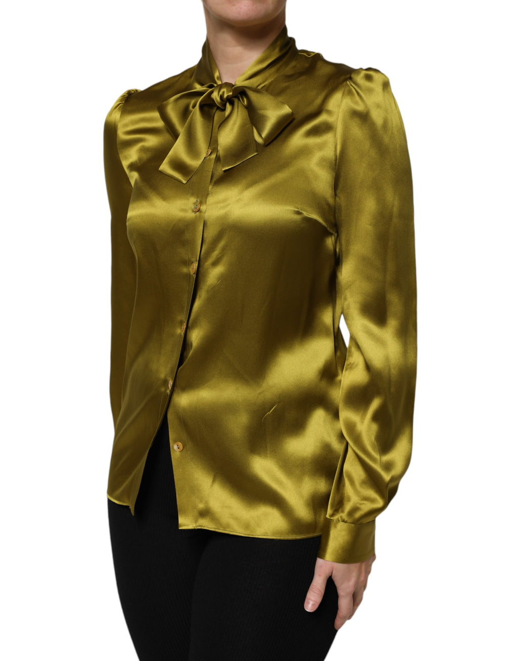 Chemisier à manches longues Dolce & Gabbana avec col ascot vert, élégant et féminin, en tissu léger.