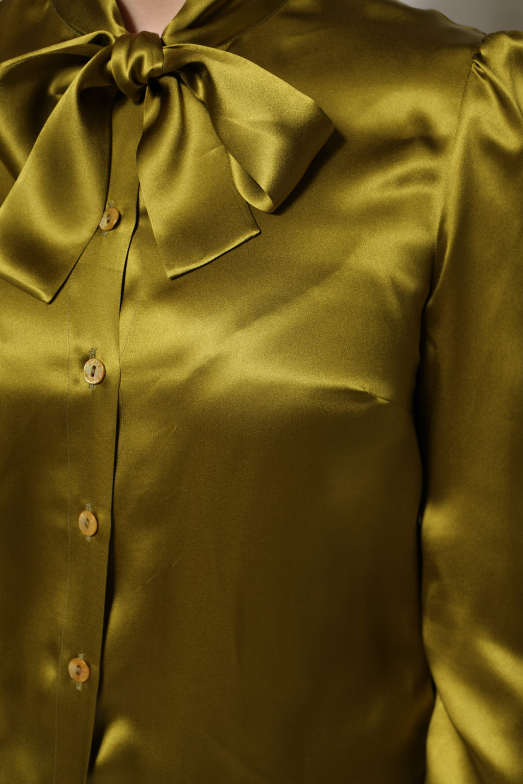 Chemisier à manches longues Dolce & Gabbana avec col ascot vert, détail élégant et tissu fluide visible sur l'image.