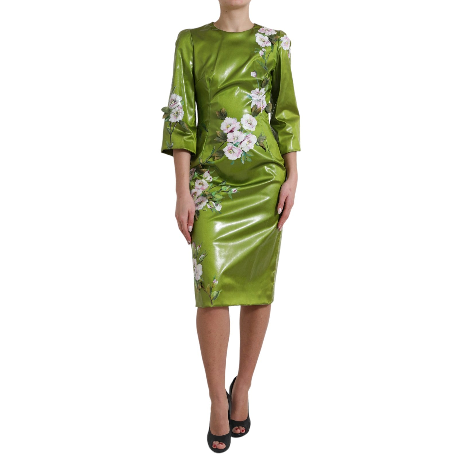 Robe fourreau midi verte Dolce & Gabbana à fleurs embellies, élégante et sophistiquée, avec détails floraux colorés.