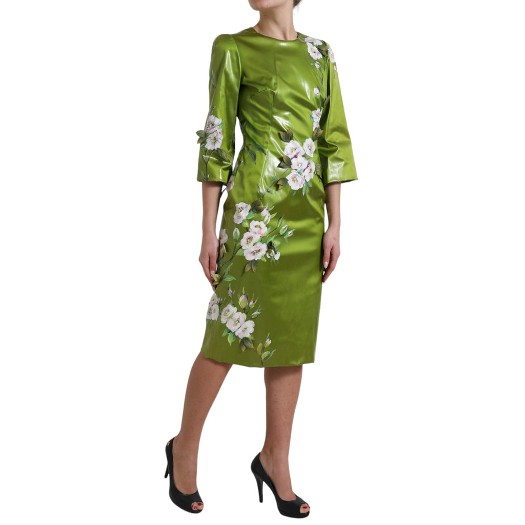 Robe midi ajustée Dolce & Gabbana verte à fleurs avec ornements floraux, style sophistiqué et élégant.