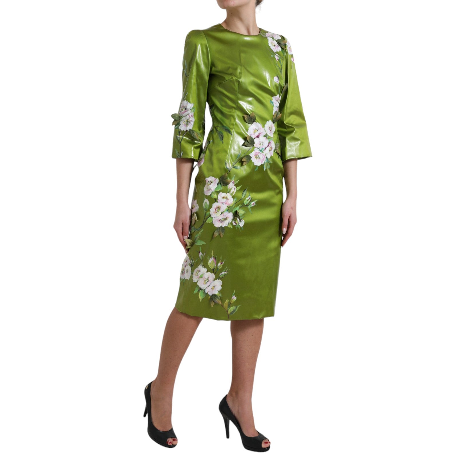Robe midi ajustée Dolce & Gabbana verte à fleurs avec ornements floraux, style sophistiqué et élégant.