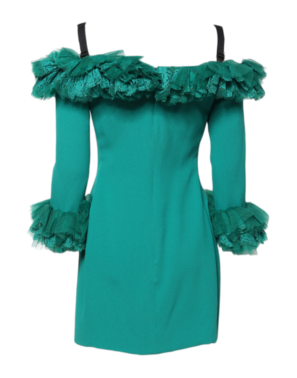 Robe courte en dentelle verte Dolce & Gabbana, robe moulante à épaules dénudées, élégante et raffinée.