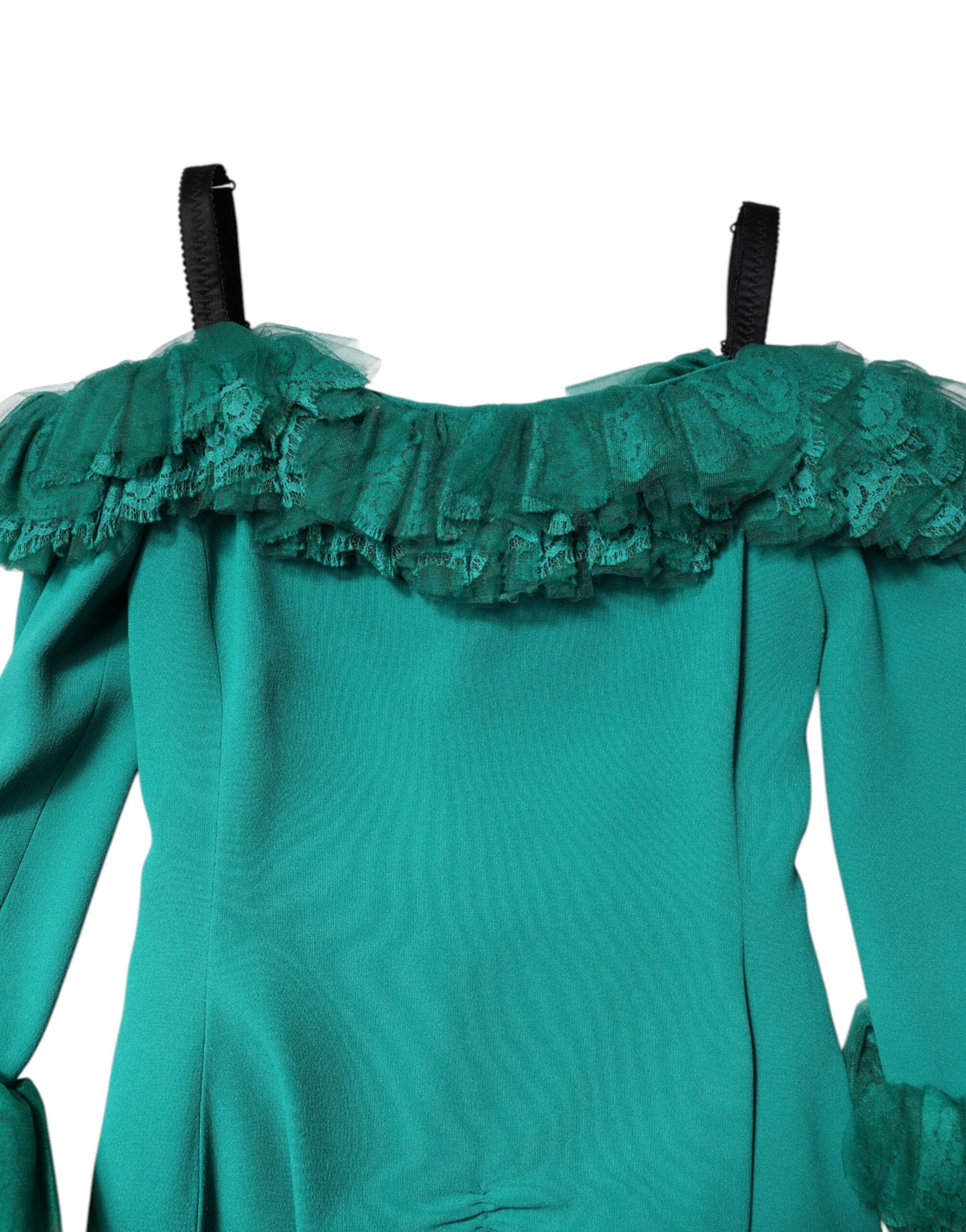 Robe courte Dolce & Gabbana en dentelle verte, à épaules dénudées et coupe ajustée, pour une allure élégante et sophistiquée.