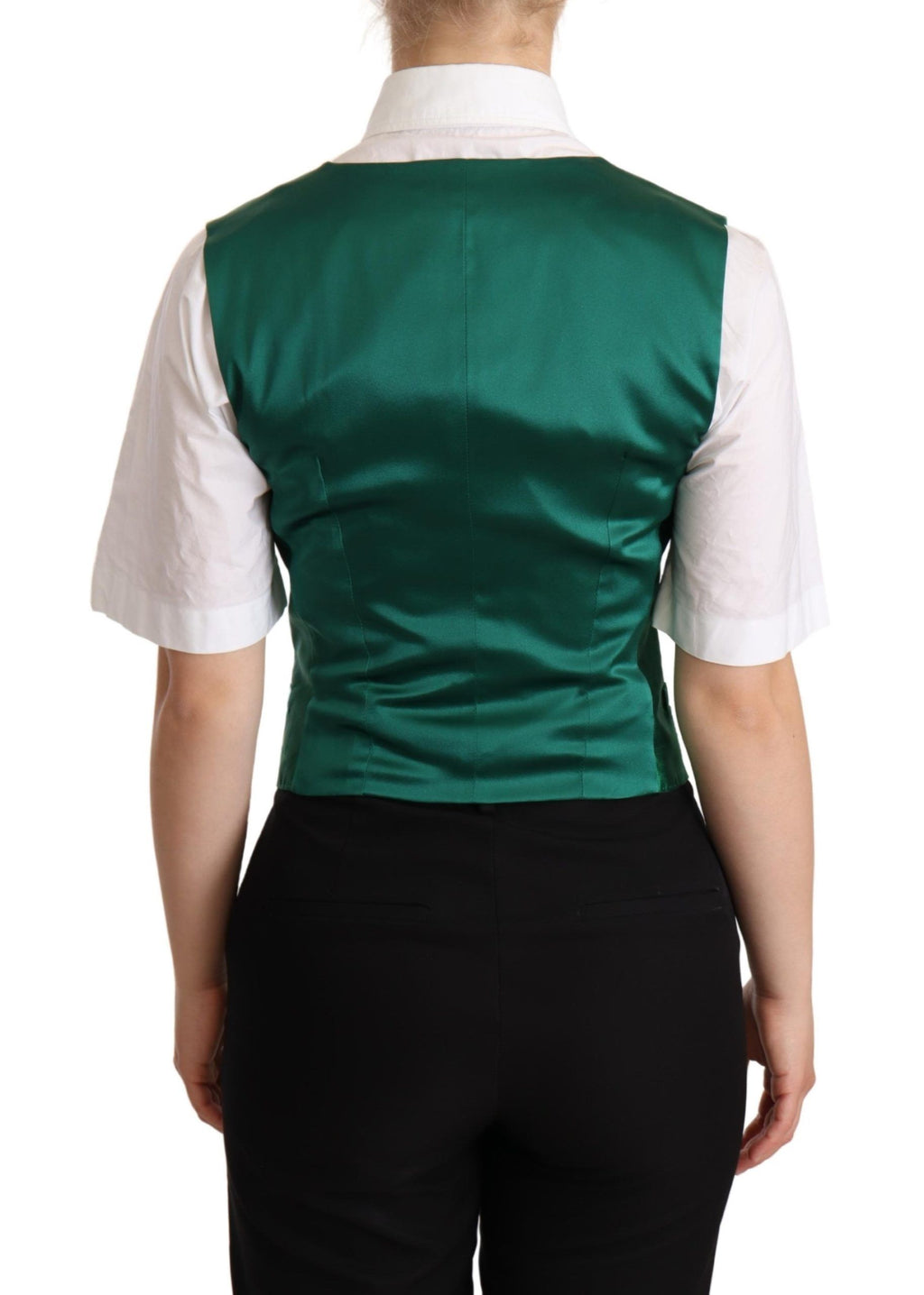 Gilet sans manches en satin de soie vert de Dolce & Gabbana, veste élégante sans manches pour femme.