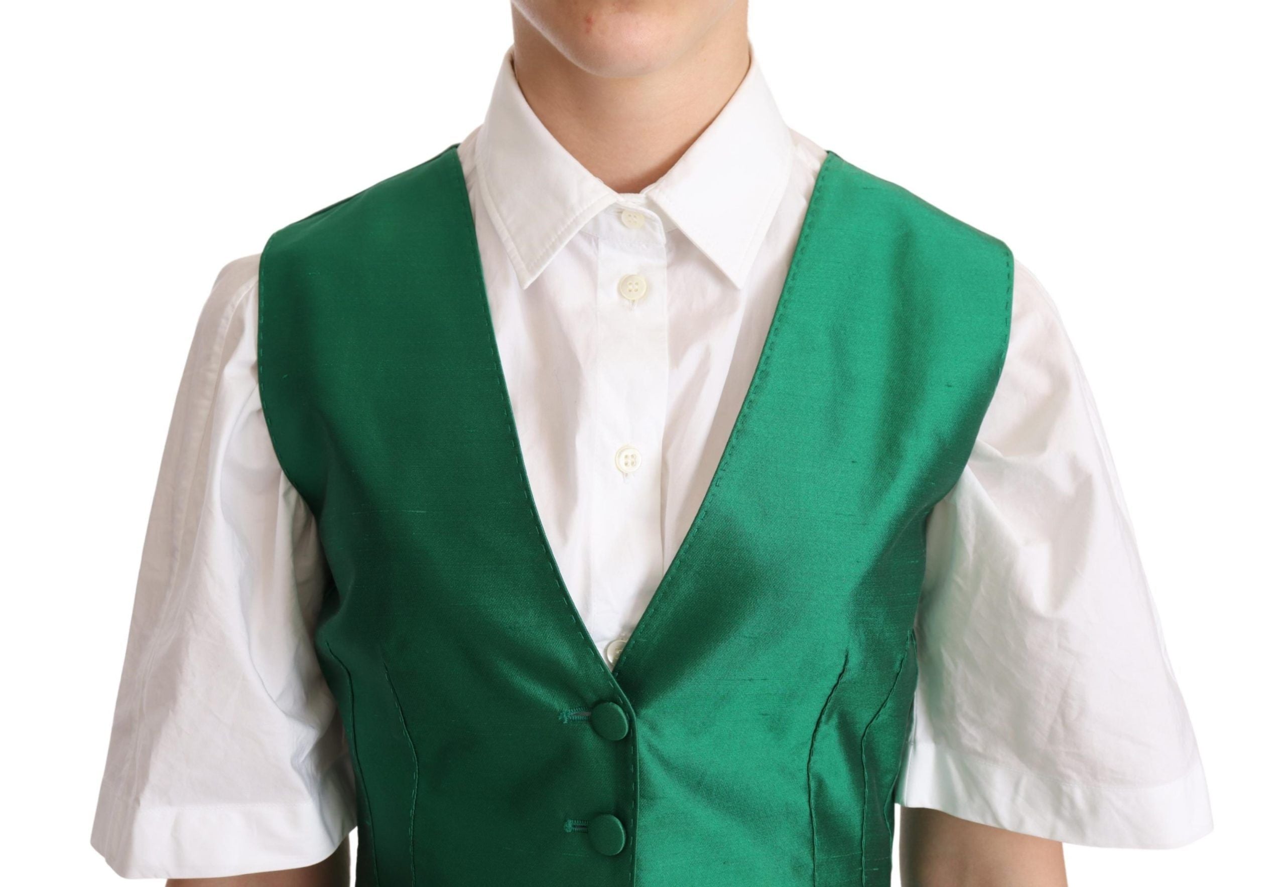 Gilet sans manches en satin de soie vert de Dolce & Gabbana, ajusté à la taille, élégant et luxueux.