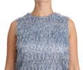 Robe de soirée Dolce & Gabbana Light Blue Fringe Shift avec franges, longueur mi-mollet, style élégant et sophistiqué.