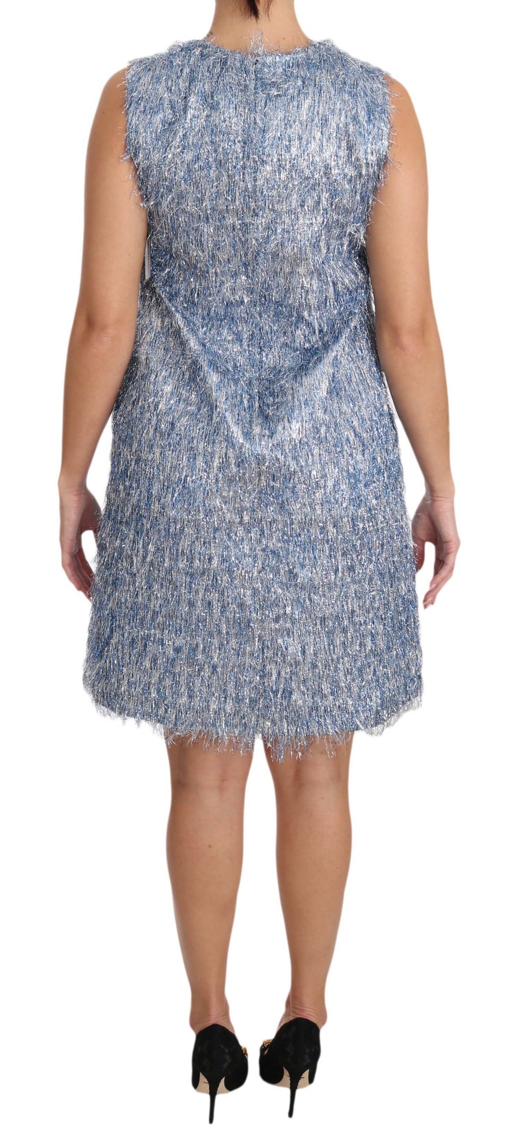 Robe Dolce & Gabbana Light Blue Fringe Shift avec franges, robe élégante en tissu léger, vue de devant avec détail de franges.