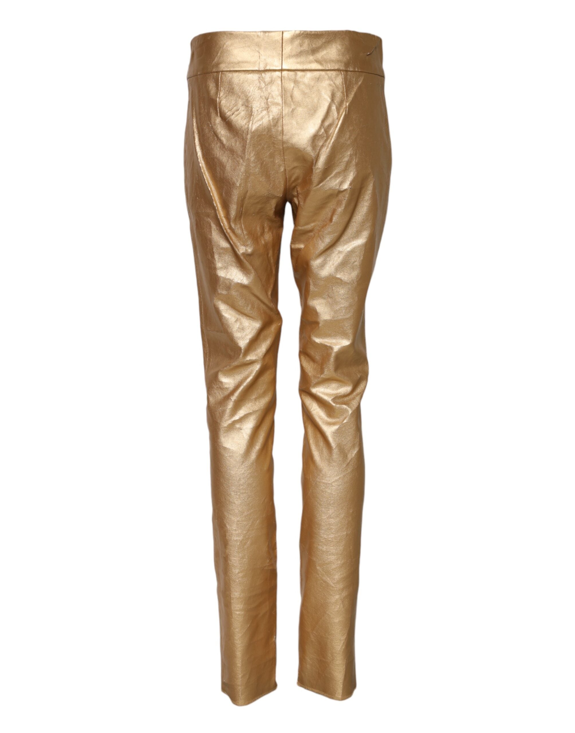 Pantalon skinny taille haute en or métallisé de Dolce & Gabbana, style élégant et brillant, en tissu moulant et sophistiqué.