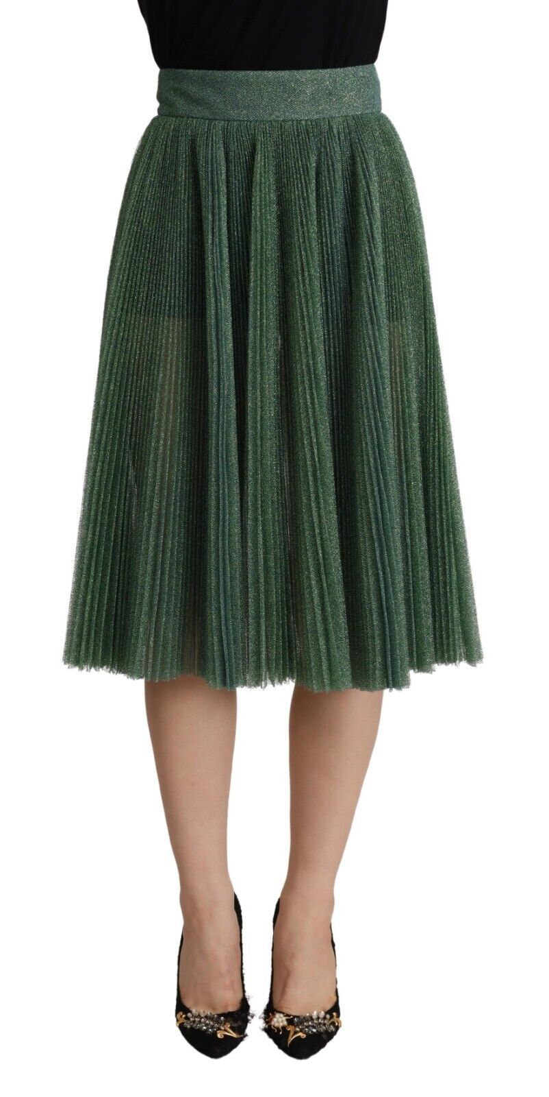 Jupe plissée verte métallisée à taille haute de style évasé de Dolce & Gabbana, vue de face.
