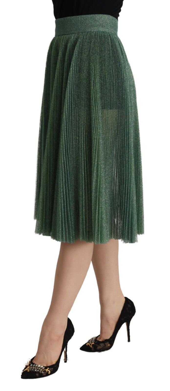 Jupe plissée en vert métallisé taille haute de Dolce & Gabbana, coupe évasée et élégante.