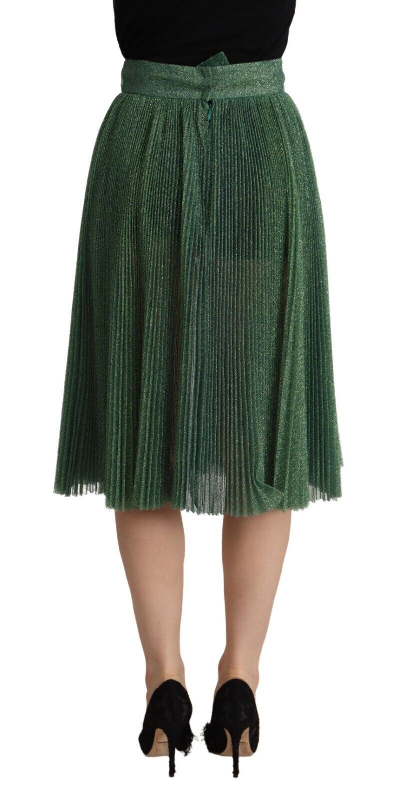 Jupe plissée verte métallisée à taille haute de Dolce & Gabbana, silhouette évasée et élégante.