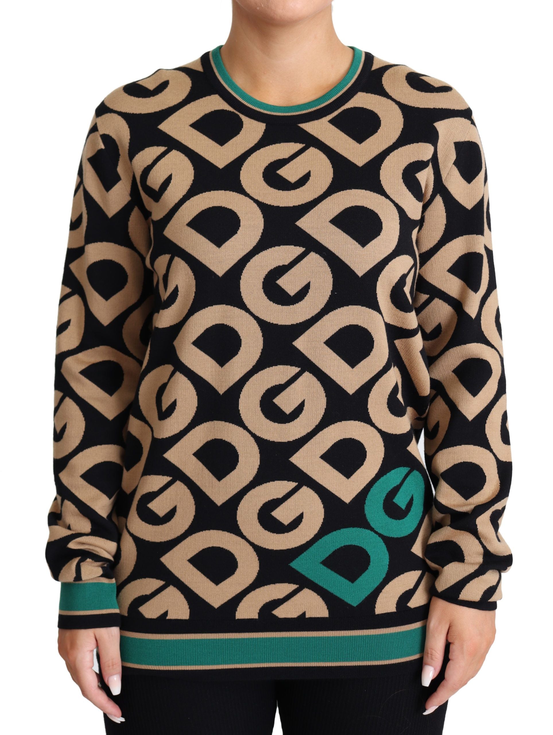Pull en laine multicolore Dolce & Gabbana DG Mania avec col ras du cou, motif coloré et logo visible.