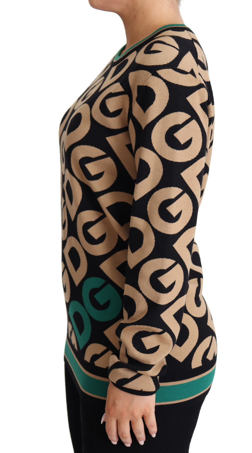 Pull en laine multicolore Dolce & Gabbana DG Mania à col rond, avec motif vibrant et détails élégants, visible en gros plan.