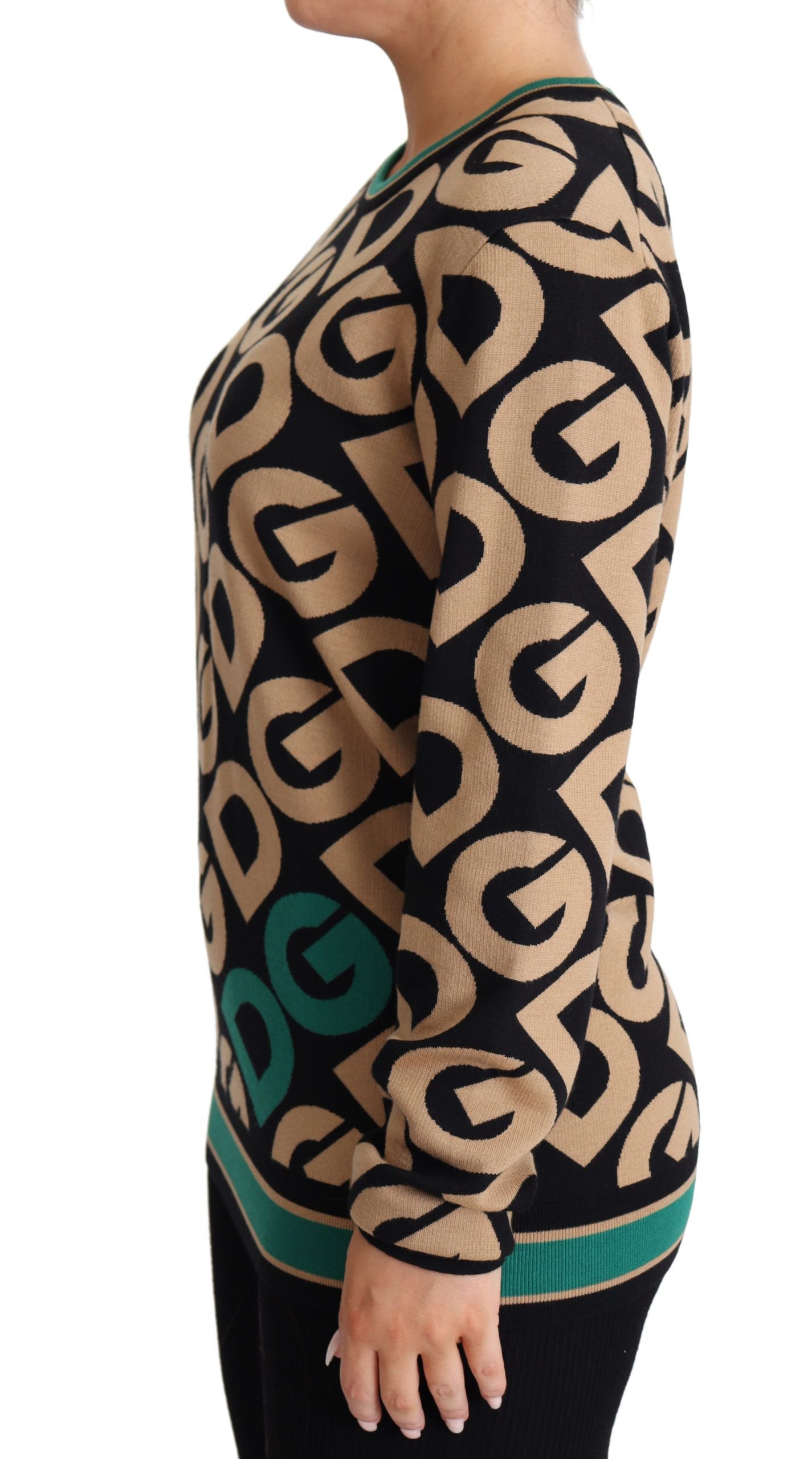 Pull en laine multicolore Dolce & Gabbana DG Mania à col rond, avec motif vibrant et détails élégants, visible en gros plan.