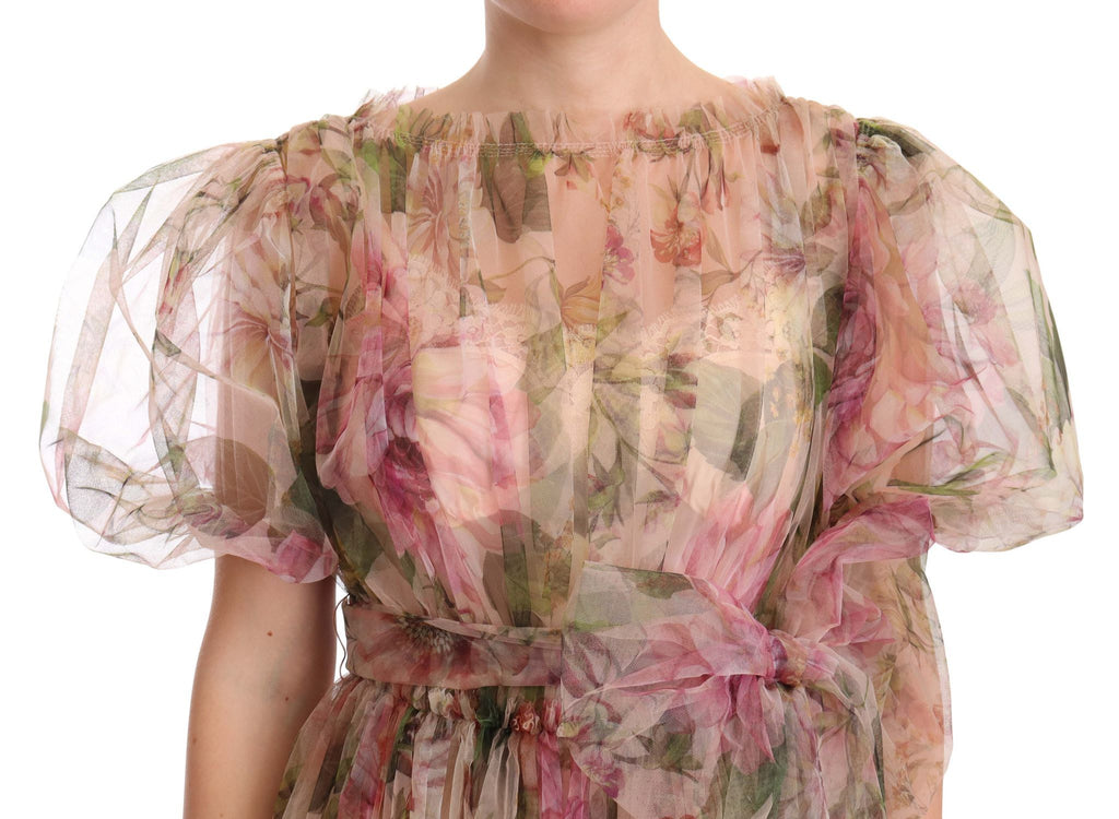 Robe longue Dolce & Gabbana à imprimé floral multicolore, style maxi, avec détails élégants et tissu fluide.