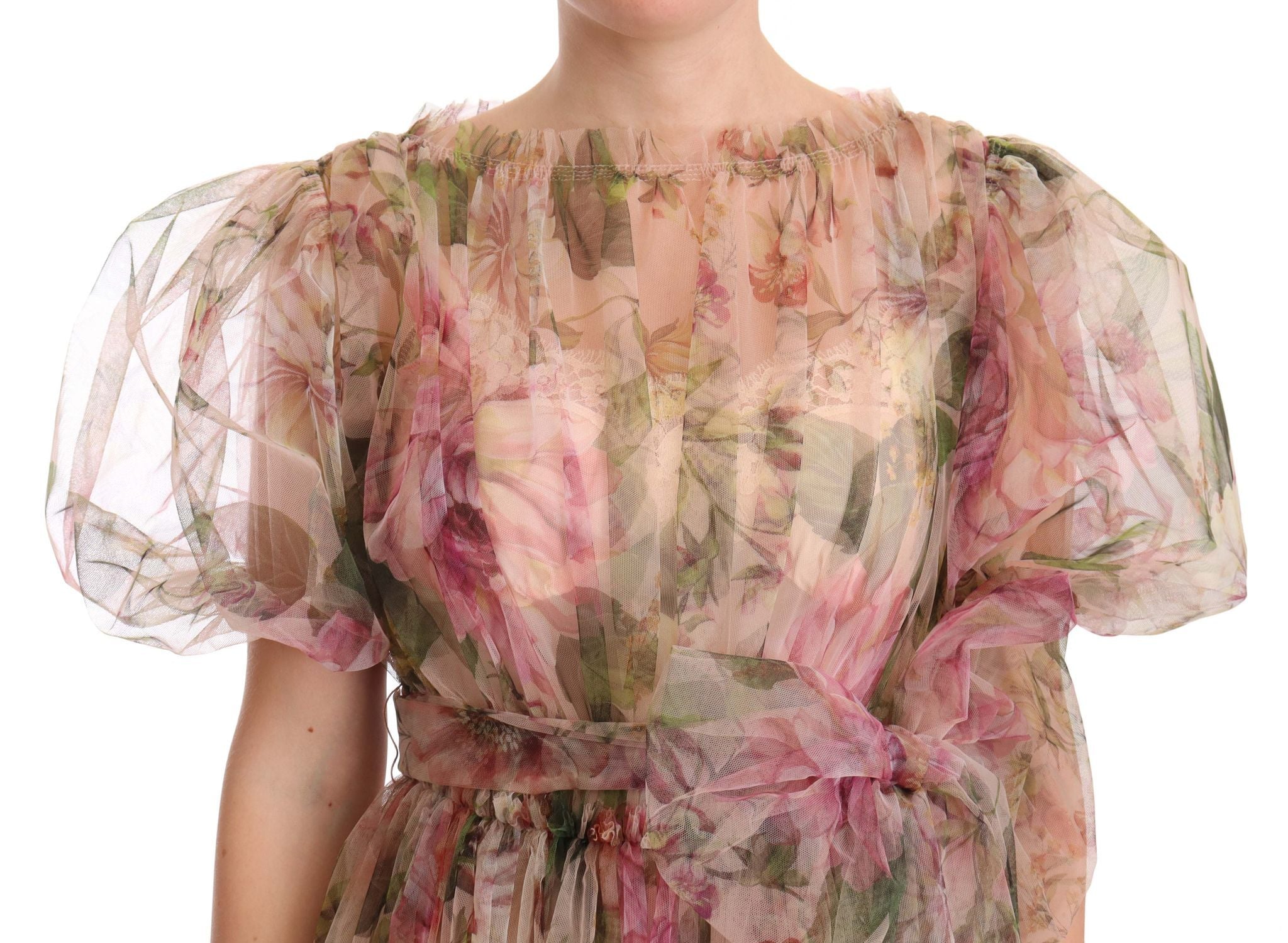Robe longue Dolce & Gabbana à imprimé floral multicolore, style maxi, avec détails élégants et tissu fluide.