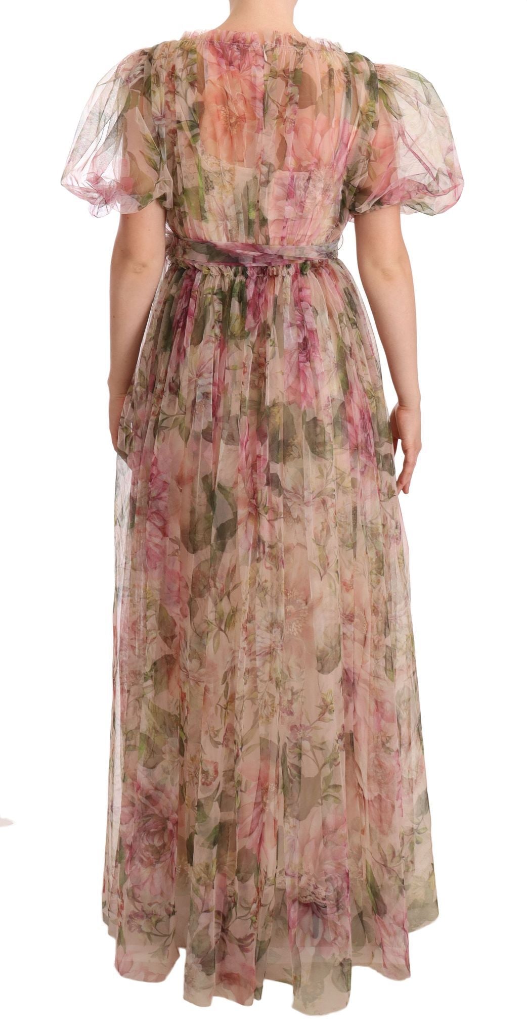 Robe longue Dolce & Gabbana à imprimé floral multicolore, style maxi, avec détails élégants et tissu fluide.