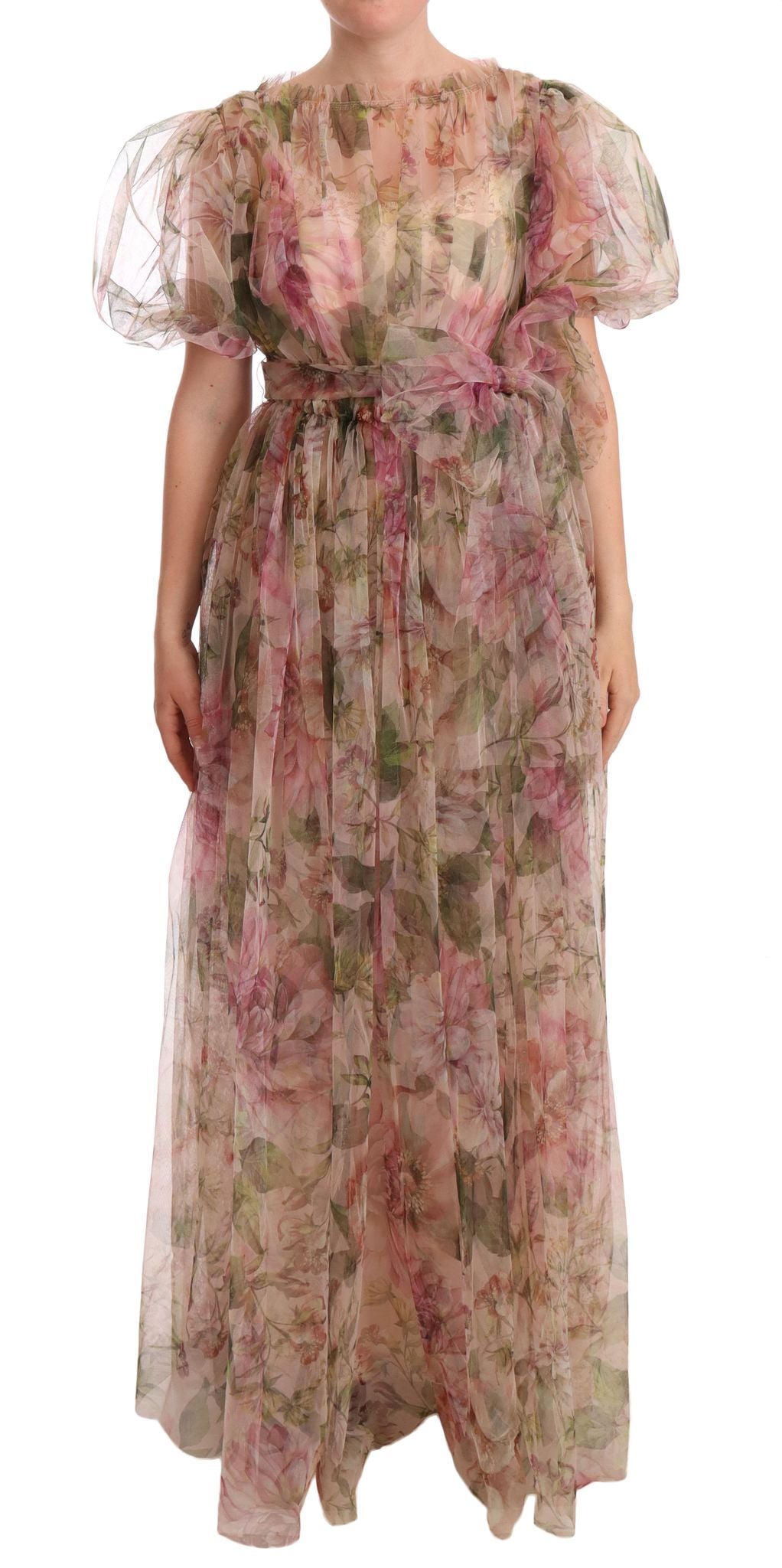 Robe longue Dolce & Gabbana à imprimé floral multicolore, style maxi, en tissu fluide avec décolleté en V.