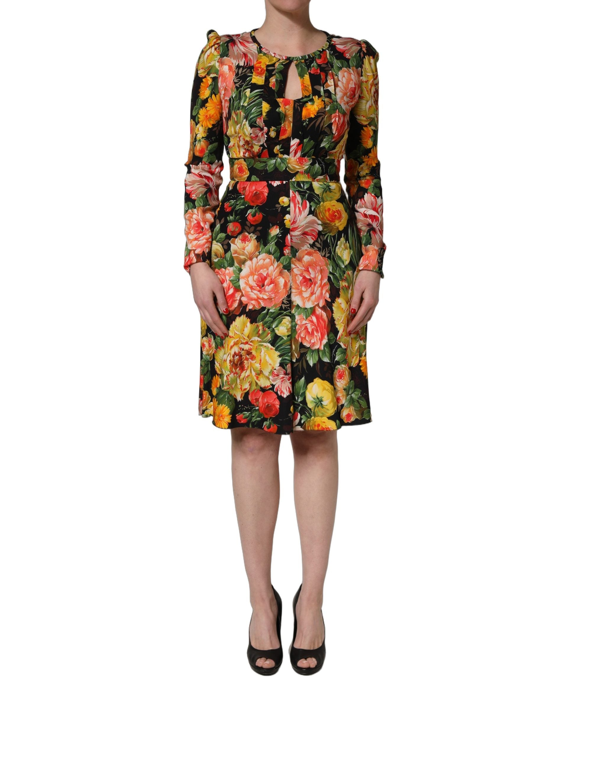 Robe midi longue Dolce & Gabbana à manches longues avec imprimé floral multicolore et détails élégants.