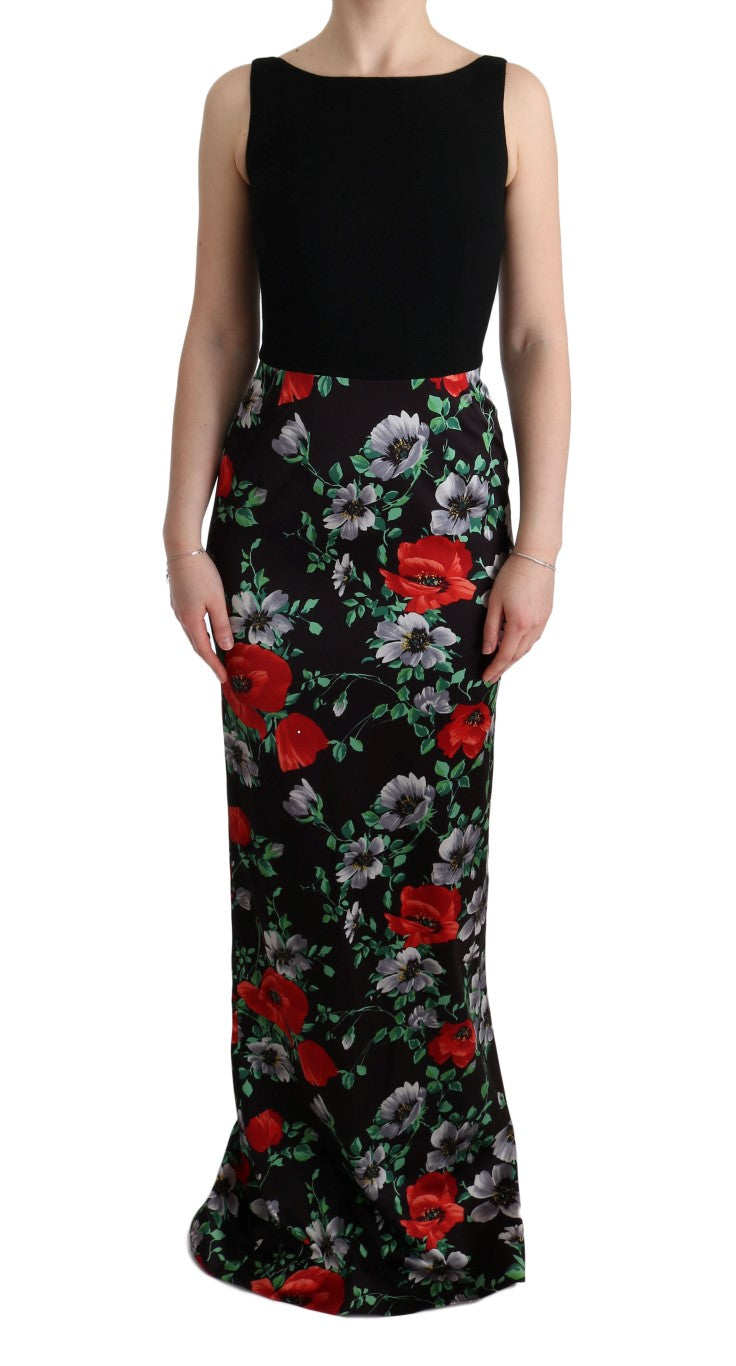 Robe longue Dolce & Gabbana à imprimé floral multicolore et stretch, coupe ajustée et élégante.