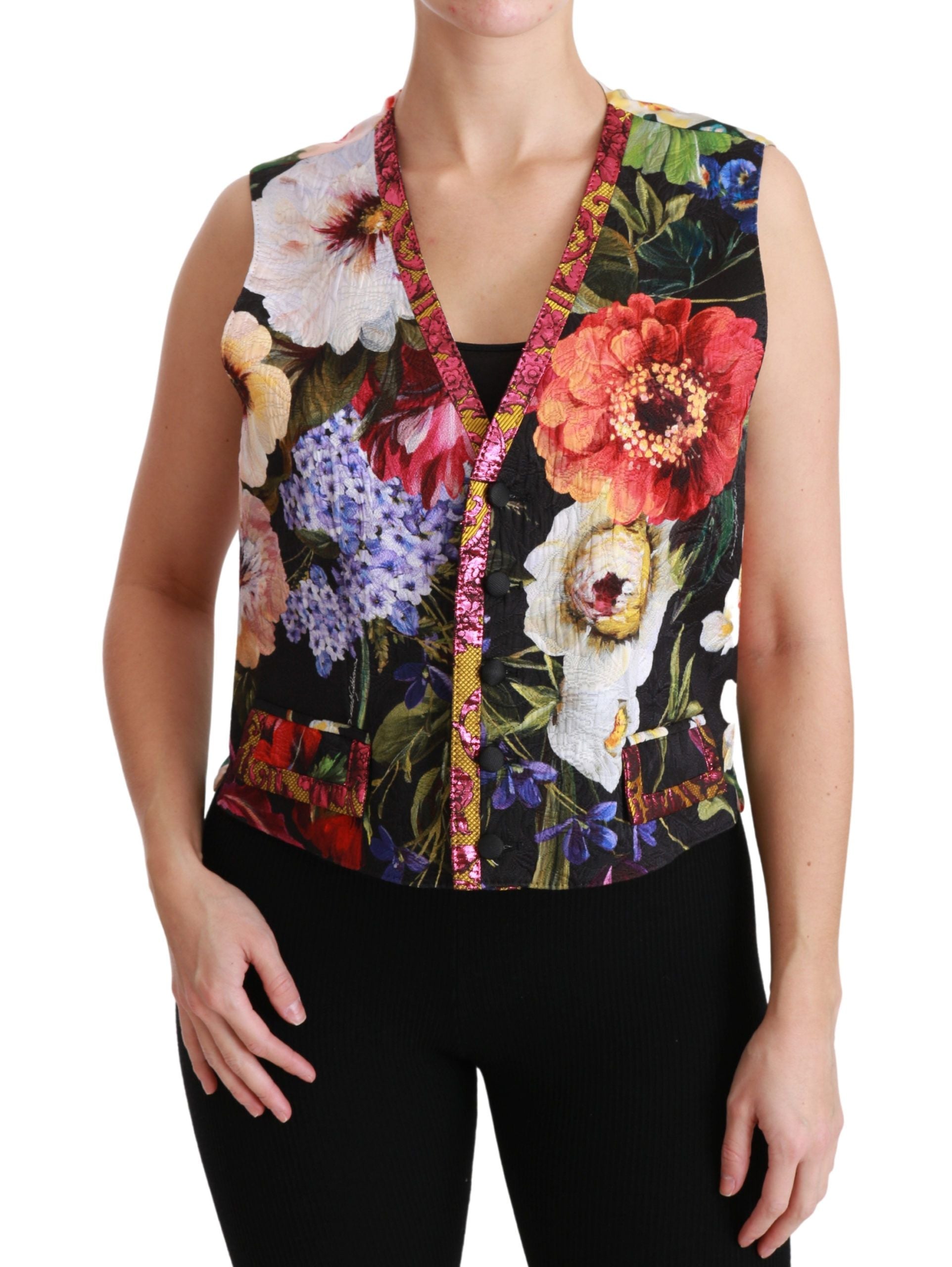 Gilet sans manches Dolce & Gabbana à motifs floraux multicolores, top sans manches élégant pour femme.